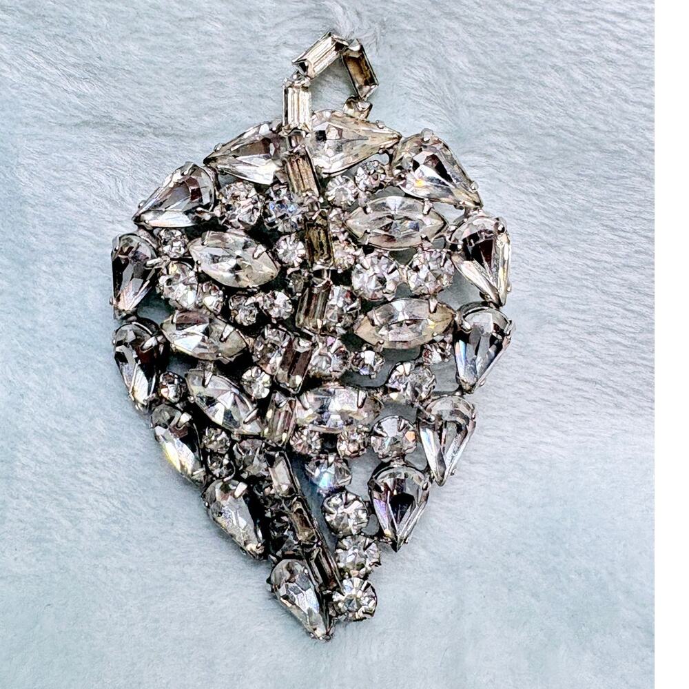 Vintage Rhinestone Leaf Brooch Pendant Convertible Rhodium Plated 1960s